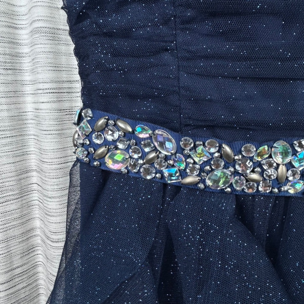 Teeze Me Navy Blue Glitter Tulle Strapless Ruffle Party Dress Rhinestone Belt 3 - Picture 8 of 9